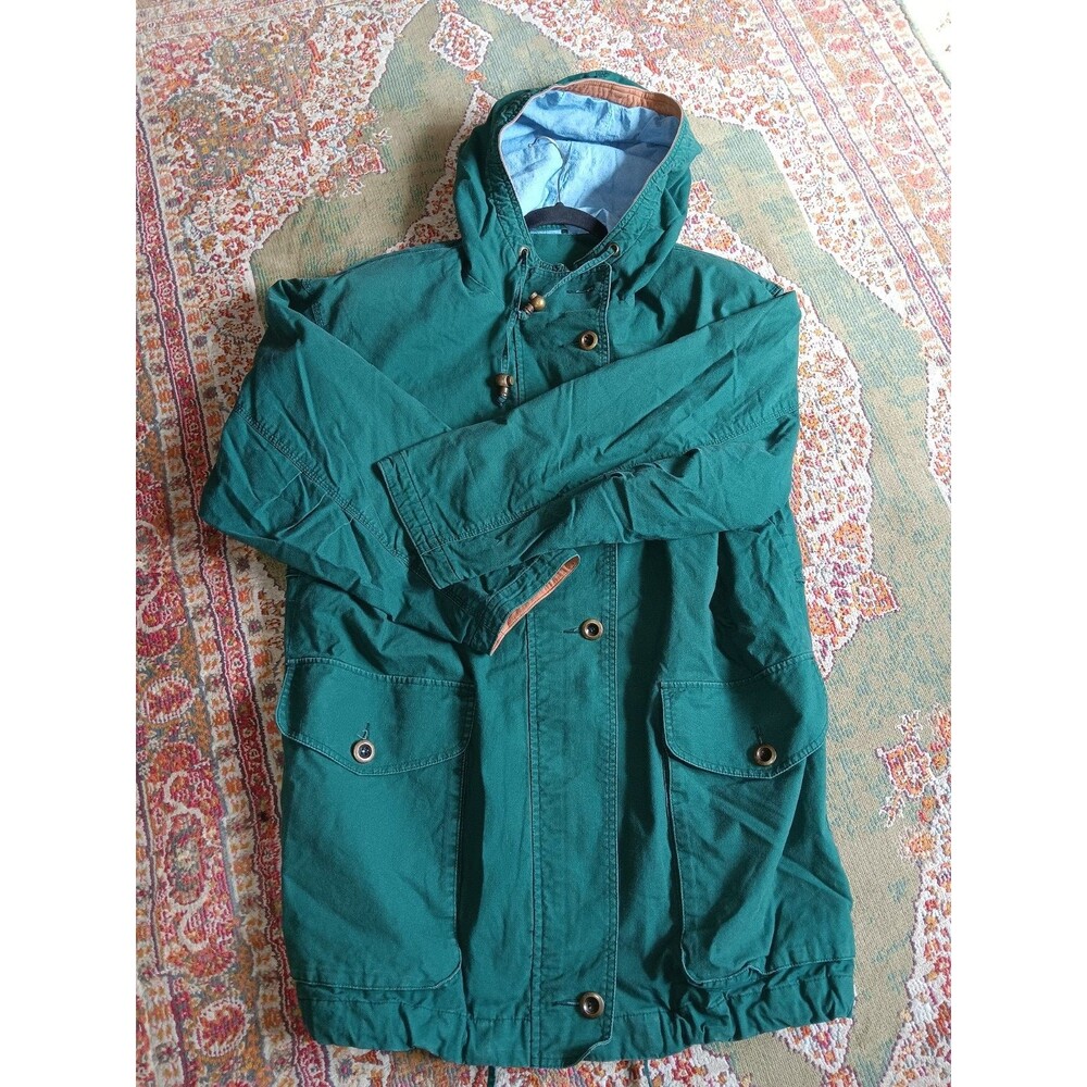 Vintage French Country Express M Hunter Green Barn Work Jacket Long Leather Trim